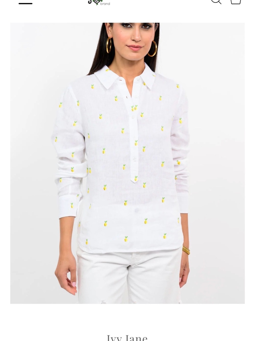 White Linen Button-Front Blouse with Yellow Pineapple Embroidery
